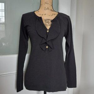 Lilla P Black Pima Cotton Long Sleeve Tee V Neck Ruffle Size S Made in Peru